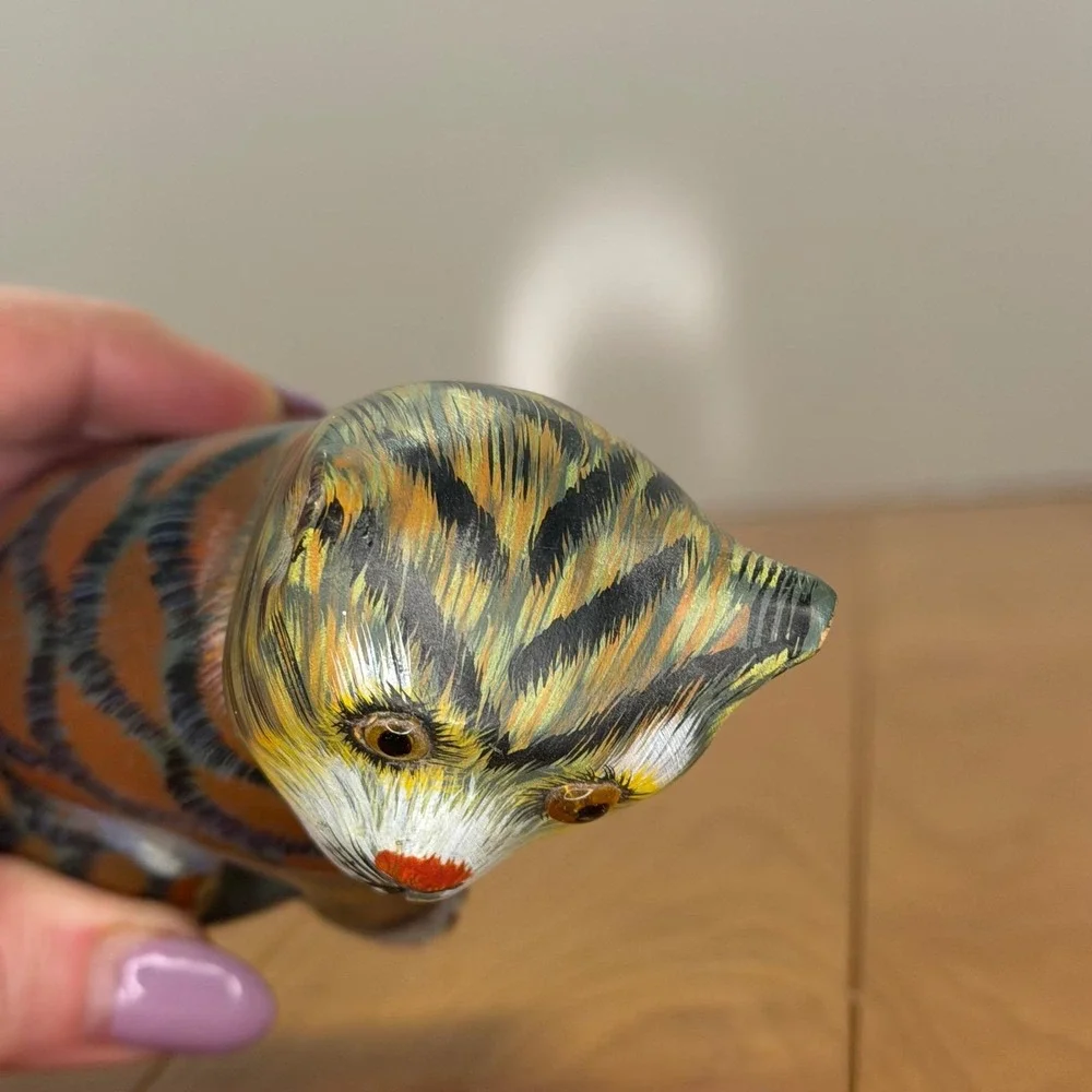 Hand Painted Wood Cat Figurine – Folk Art Tabby Sculpture w/ Amber Eyes 5